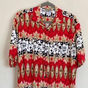 Vintage Aloha Hut Red Hawaiian Hibiscus Tropical Surfboard Print Bowling Shirt